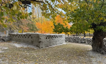 Traditional mud-brick architecture in Astore Valley Gilgit Baltistan village with autumn foliage during trekking season