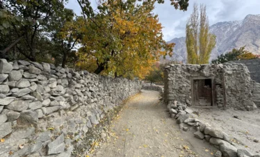 Traditional stone houses and autumn trees in Khaplu village along Thallay La Pass trekking route Gilgit-Baltistan